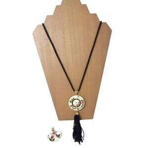 Cloisonné 70s Round White Necklace Butterflies Floral with Convertible Earrings